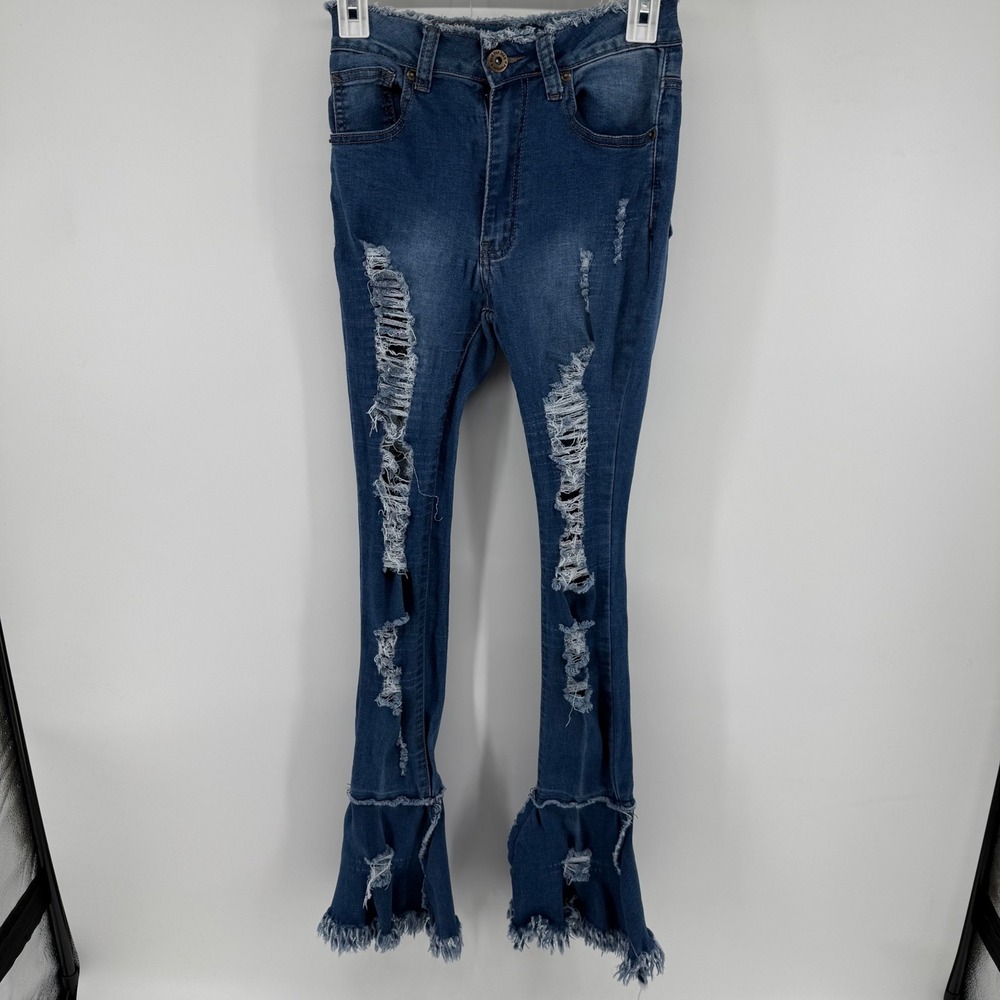 Y2K‎ Red Fox Jeans Womens 5 Distressed High Rise Flare Bell Bottom Fray Hem Blue